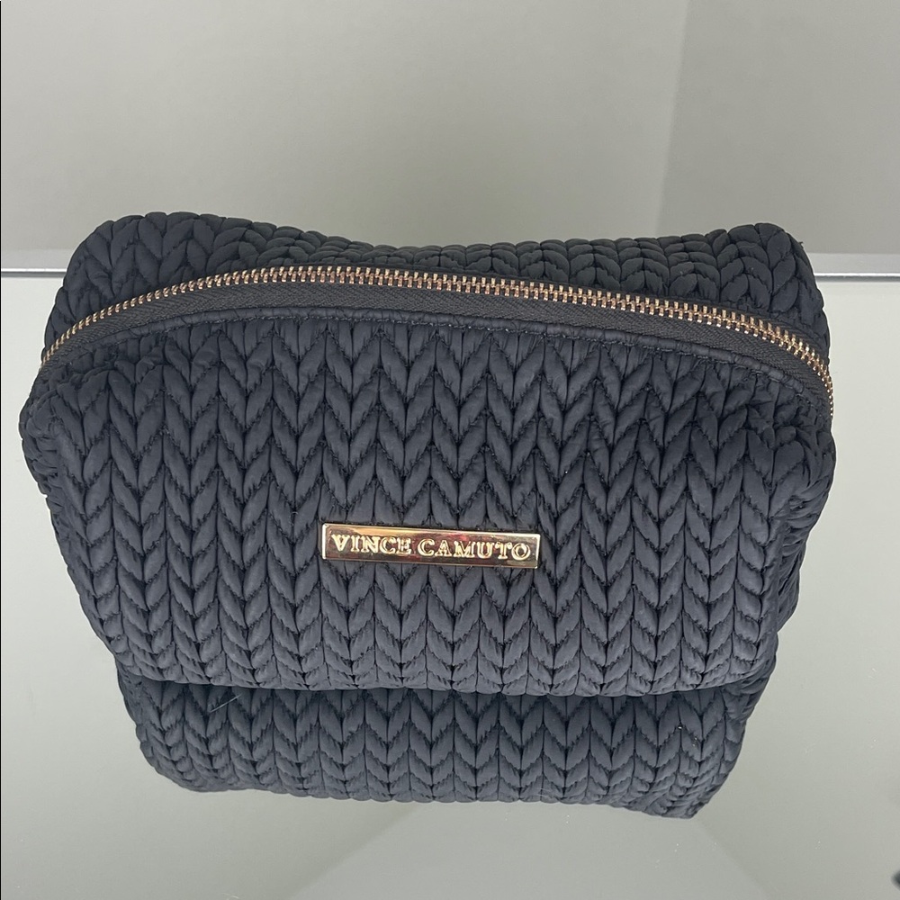 Vince Camuto Black Quilted Cosmetic Makeup Bag Gold Zip